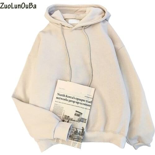 ZuoLunOuBa Autumn Winter Women Casual Solid Color Hoodie Sweatshirt Fleece Long-sleeved Pullover Beige Loose Tops Coat Women