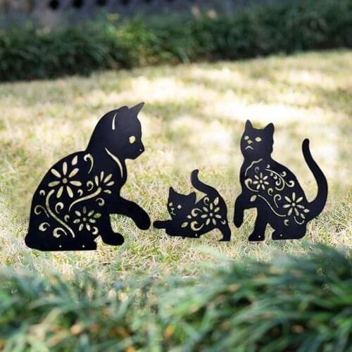 3Pcs Cat Yard Art Garden Statues Backyard Lawn Stakes Black Metal Cats Family Garden Decoration Outdoor Ornaments