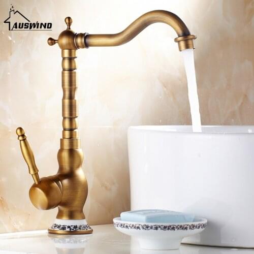 Antique Water Faucet Brass Brush Finish Cold And Hot Water Tap Blue White Porcelain Decoration European Faucet Aus98