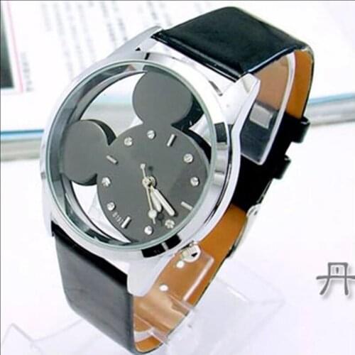 Classic Mickey Fashion Transparent Hollow Watches Women Casual Quartz Watch Montre Femme Female Leather Dress Wristwatches