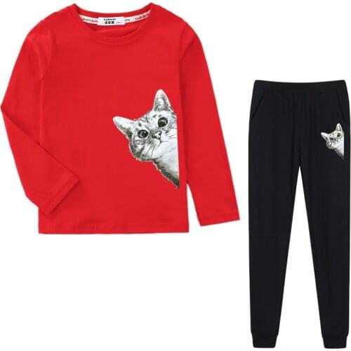 Aimi lakana kids long sleeve sets looking cat clothing boys shirt pant 2pcs suit girls spring cotton costumes