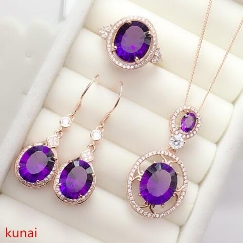 KJJEAXCMY exquisite jewelry 925 pure silver inlaid natural amethyst ladies jewelry set rings Pendant Earrings 3 sets