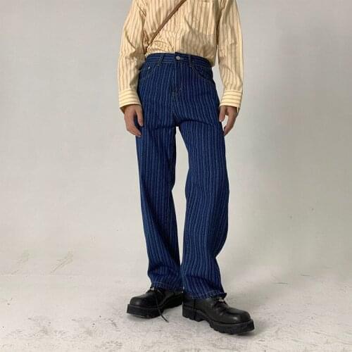 Retro Classic Dark Blue Vertical Stripe Jeans Mens Loose Straight Wide Leg Casual Pants Fashion Women Streetwear Trousers Hip