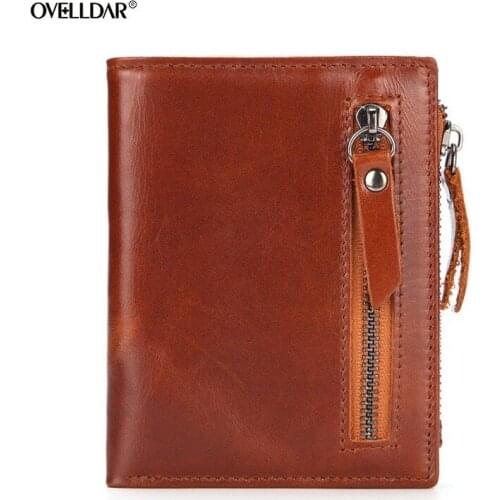 Mens Short Genuine Leather Wallets Zipper Purse Man Card Horder Multifunctional Zipper Bag Oil Wax Leather Wallet