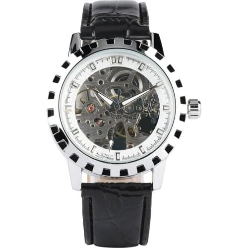 Mens Skeleton Dial Automatic Mechanical Watch Stainless Steel Case Black Leather Watchband Luxury Business Mechanical Watches