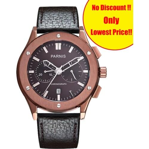 41mm Parnis Men Watch Top Brand Luxury Pilot Brown Case Leather Band Mens Wristwatch Waterproof Swim Quartz Mens Watches Clock