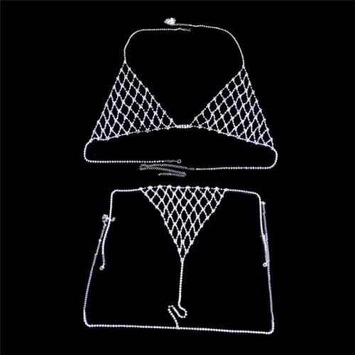 New Sexy Crystal Mesh Body Chain Jewelry Full Rhinestone Bikini Bra Thong Panties Set For Women Sunclaw Set