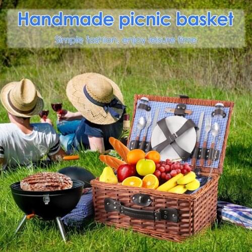 Handmade Wicker Picnic Basket For 4 Person With Waterproof Picnic Blanket Baskets Hamper Set With Cutlery For Picnic And Camping