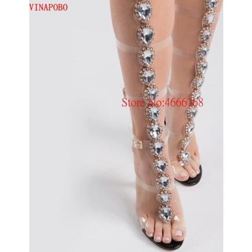 Vinapobo Crystal Embellished Clear Transparent Gladiator Long Knee High Sandal Boots Strappy Buckle Strap Sexy Sandals High Heel
