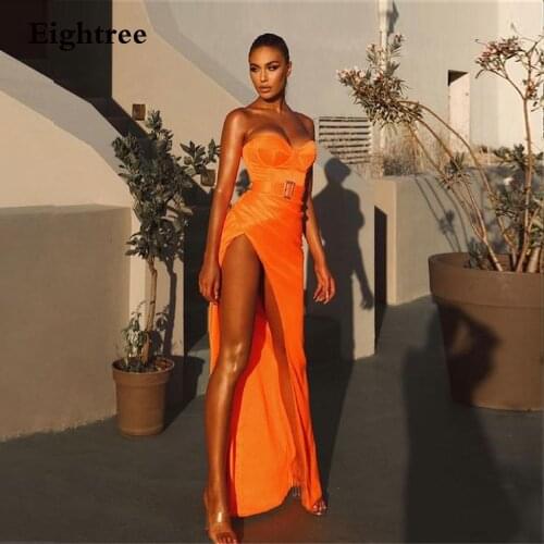 Eightree 2021 Modern Dark Orange Long Evening Dresses Sashes Side Slit Satin Sweetheart Sleeveless Prom Gowns Formal Party Dress