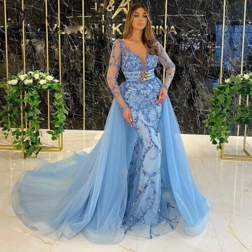 Light Sky Blue Detachable Train Evening Gowns Sheer Long Sleeves Lace Appliques Mermaid Prom Dresses Robe De Soiree Party Dress