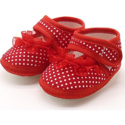Newborn Infant Baby Dot Lace Girls Soft Sole Red Shoes Prewalker Warm Casual Flats Shoes Print Cotton Fabric Fashion Baby Shoes