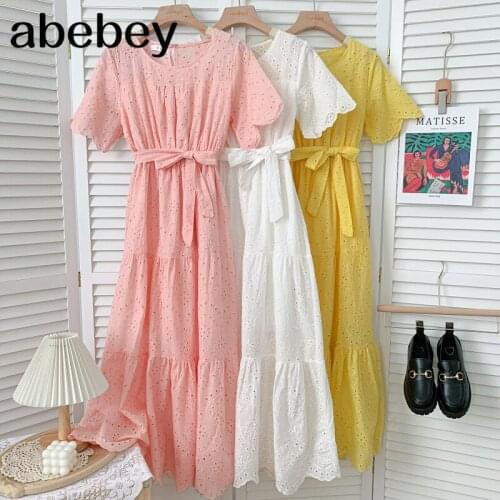 2021 New Summer Versatile O-neck short sleeve Dress embroidery hollow out waist bandage Ruffles Dress