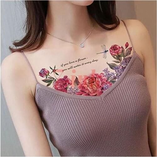 Waterproof Temporary Tattoo sticker rose purple flower dragonfly On the clavicle tattoo flash tatoo fake tattoos for women