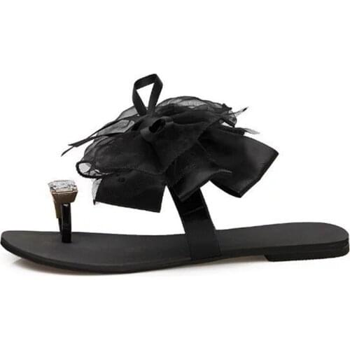 Womens shoes new fashion bow adornment toe flat slippers soft soles comfortable non-slip wear rhinestone slippers large shoes