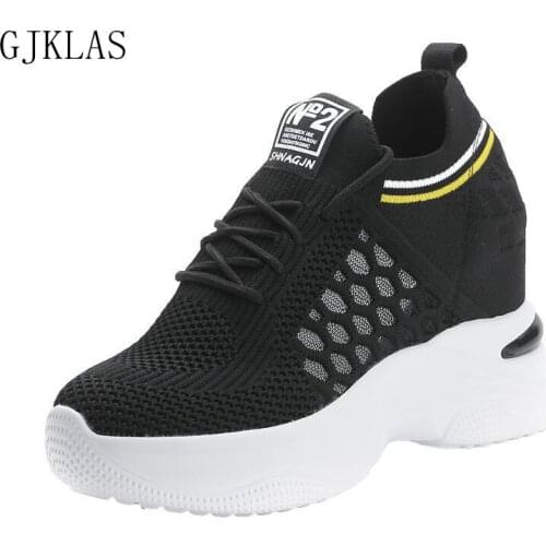 Platform Shoes Womens Hidden Heels Wedge Sneakers Femme Lace Up Casual Shoes Women Chunky Sneakers High Heel Black White Trainer
