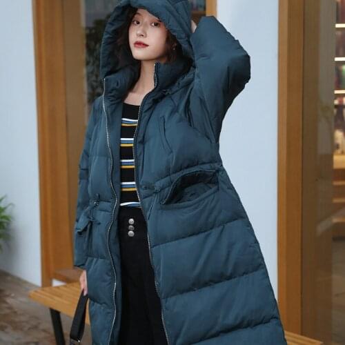 Winter Warm Thick Blue Hooded Coat Solid Color Long Female down Jackets Women S/M