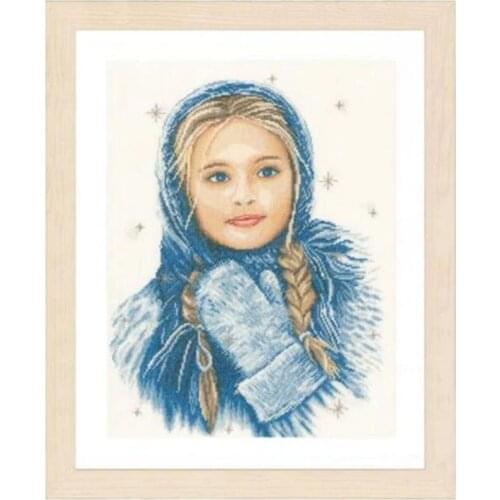 Gold Collection Counted Cross Stitch Kit Winter Girl Maid Lass with Blue Cloak in Winter Snow Blue Riding Hood