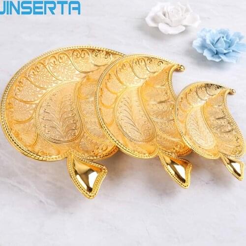 JINSERTA Gold Metal Storage Tray Luxury Jewelry Display Plate Fruit Dessert Cake Snack Nuts Plate for Home Party Wedding Decor
