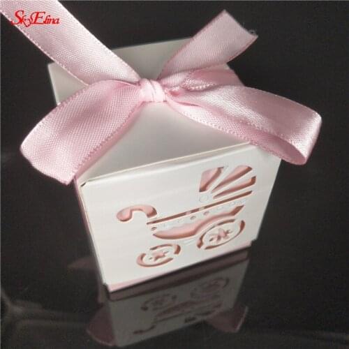 10pcs Laser Cut Hollow Cute baby cart Favors Box Gifts Candy Boxes With Ribbon Baby Shower Wedding Event Party Supplies 7Z