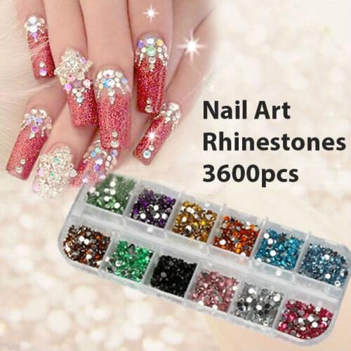 3600 pcs Rhinestones Decoration Nail Art Case Assorted Designs for Acrylic Tips UV Gel Deco Systems