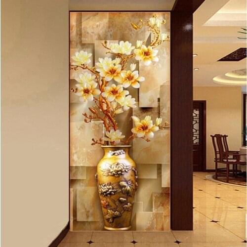 Beibehang 3d room wallpaper landscape entrance three - dimensional elegant magnolia vase large entrance picture murals wallpaper