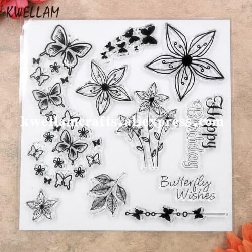 Butterfly Wishes Happy Birthday Flowers Scrapbook DIY photo cards rubber stamp clear stamp transparent stamp 15x15cm KW8111502