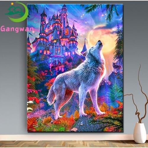 Diamond Painting Full Square Animal Diamond Mosaic castle Building Cross Stitch Kit Embroidery Wolf art Beaded Decor For Home