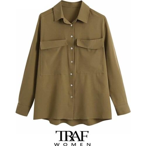 TRAF Za Women Fashion With Pockets Oversized Asymmetry Blouses Vintage Long Sleeve Button-up Female Shirts Chic Tops