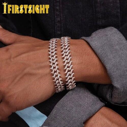 15mm Ice Out Cubic Zirconia Bracelet Gold Silver Color Rivets Spike Box buckle Thorns Cuban Bracelet Hip Hop Men Fashion Jewelry