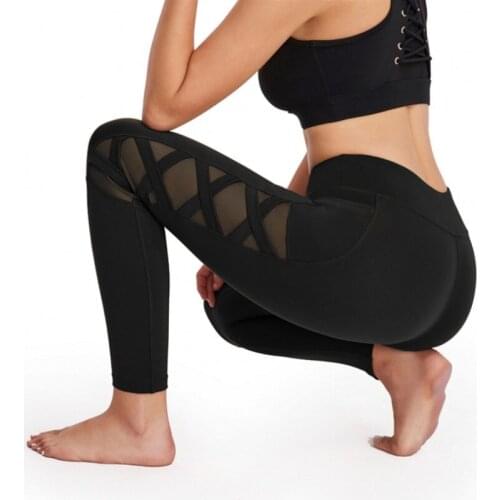 High Stretch Tight Workout Yoga Pants Sport Fitness Gym Legging Two Side Pockets Spliced with Elastic Mesh Workout Lift Pants