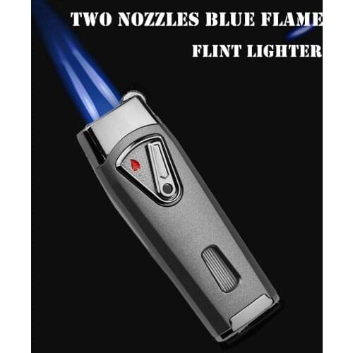 Double Nozzle Straight Into Butane Gas Torch Lighter Windproof Metal Blue Flame Pistol Lighter Gadget, Male Smoking Accessories