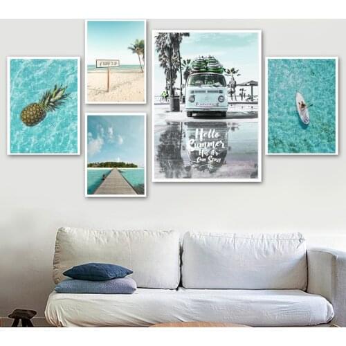 Canvas Painting Nordic Beach Surf Sea Car Coconut Tree Landscape Posters And Prints Wall Art Picture Modern For Room Decor