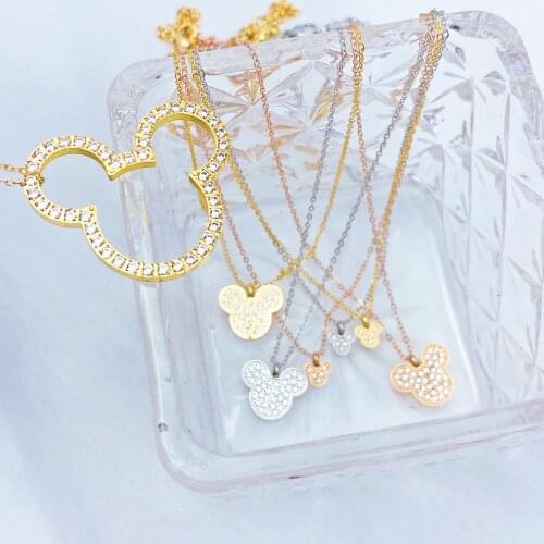 Cartoon Kawaii Mouse Pendant Necklace Titanium Steel Chain Necklace Inlaid Crystal Fashion Trendy Women Jewelry Birthday Gift