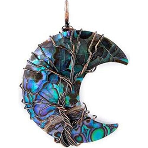 KFT Natural Abalone Shell Wire Wrapped Tree Of Life Pendants The Mother of Pearl Moon Crescent Shell Pendant For Wome Men