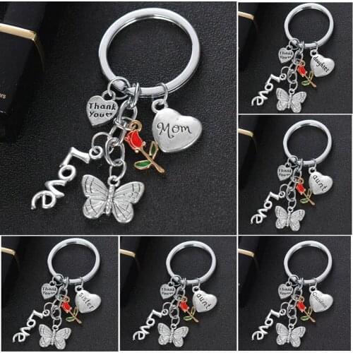 Key Ring Love Heart Family Keychain Friend Sister Mom Aunt Butterfly Charm Keyring Gifts Mothers Day Birthday Flower Charm