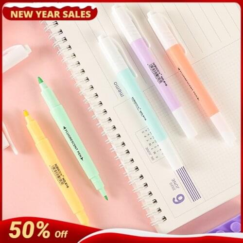6Pcs/Set Office Supplies Double Head Fluorescent Highlighter Pen Markers Pastel Drawing Pen for Student School Cute Stationery