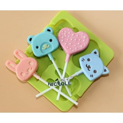 Cute Animal Lollipop Molds Silicone Chocolate Candy Molds DIY Jelly Pudding Mould Craft Cake Decorating Tool