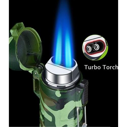 Multifunctional waterproof flashlight double direct JET Flame Turbo Torch lighter camouflage outdoor camping lighting lighter