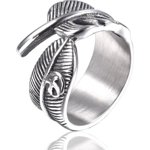 RIR Fashion Feather Ring Silver Color Stainless Steel Eagle Wings Feather Finger Ring Men Punk Style Jewelry Size 8 -11