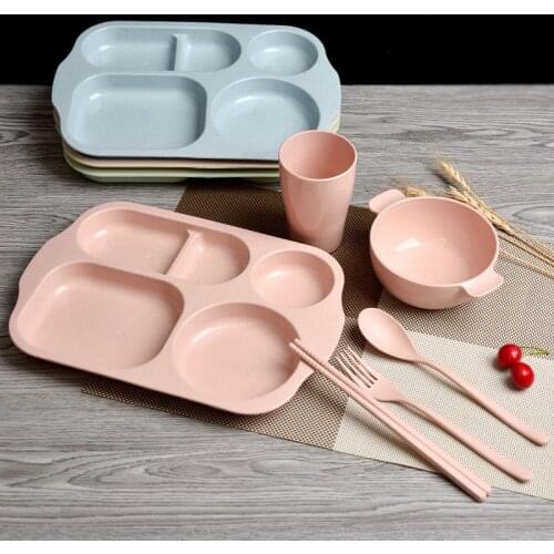 6PCS Wheat Straw Baby Tableware Set Childrens Dishes Kids Dinner Platos Feeding Plate Training Bowl Spoon Fork Cup Chopsticks