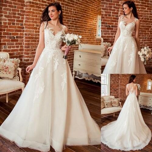 Charming Tulle Jewel Neckline A-line Wedding Dress With Lace Appliques Ivory Bridal Dress vestido de noiva barato