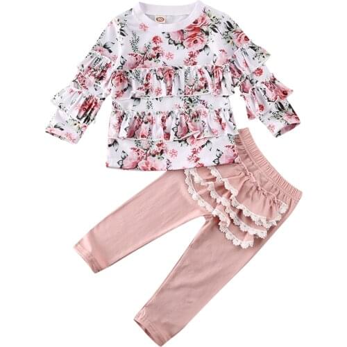 1-6Y Flower Toddler Baby Kid Girls Clothing Set Ruffles Long Sleeve Tops T Shirt + Lace Pants Outfit Autumn Spring Girl Costumes