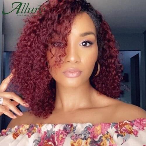 Kinky Curly Wigs For Black Women Remy Brazilian Human Hair T part Human Hair Wigs Natural Ombre Brown Burgundy Lace Wigs Allure