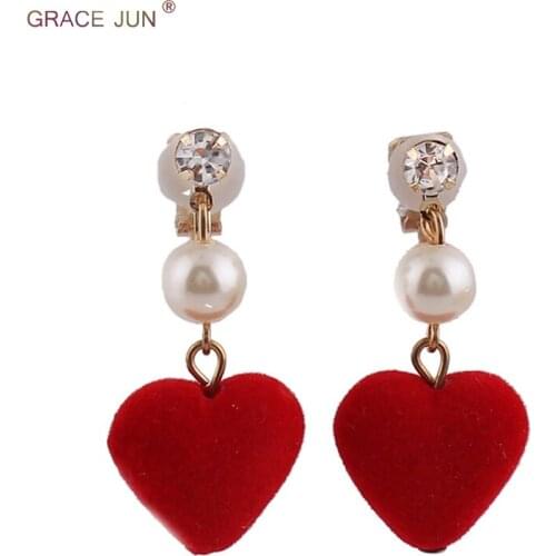 GRACE JUN Fashion Luxury Simulated Pearl Heart Shape Clip on Earrings Non Piercing for Women Party Wedding Cute No Hole Earrings