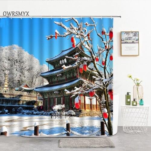 Korea Golden Mountain Temple Snow Scene Shower Curtains Aesthetic Nature Scenery Bath Curtain Home Decor Wall Bathroom Products