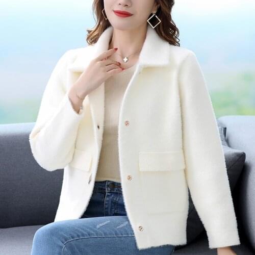 Women 2020 Spring Autumn Long Sleeve Faux Mink Fur Coat Female Casual Long Sleeve Cardigan Solid Color Knit Sweater Outwear G19