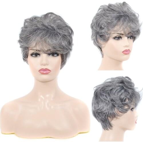 Synthetic Short Straight Hair Wig For Women Gray White Hair Puffy Bangs Heat Resistant Highlight Wigs