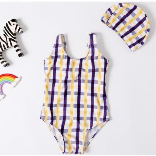 2020 New Baby Girl Swimsuit Girls One Piece Swimwear Classic Style Bodysuit Geometric Swimsuit for Girl Bathing Suit With Cap