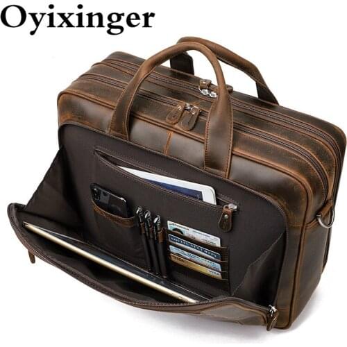 OYIXINGER Vintage Genuine Leather Men Laptop Bag Luxury Crazy Horse Male Briefcase Large Capacity Shoulder Bags For 17" Macbook